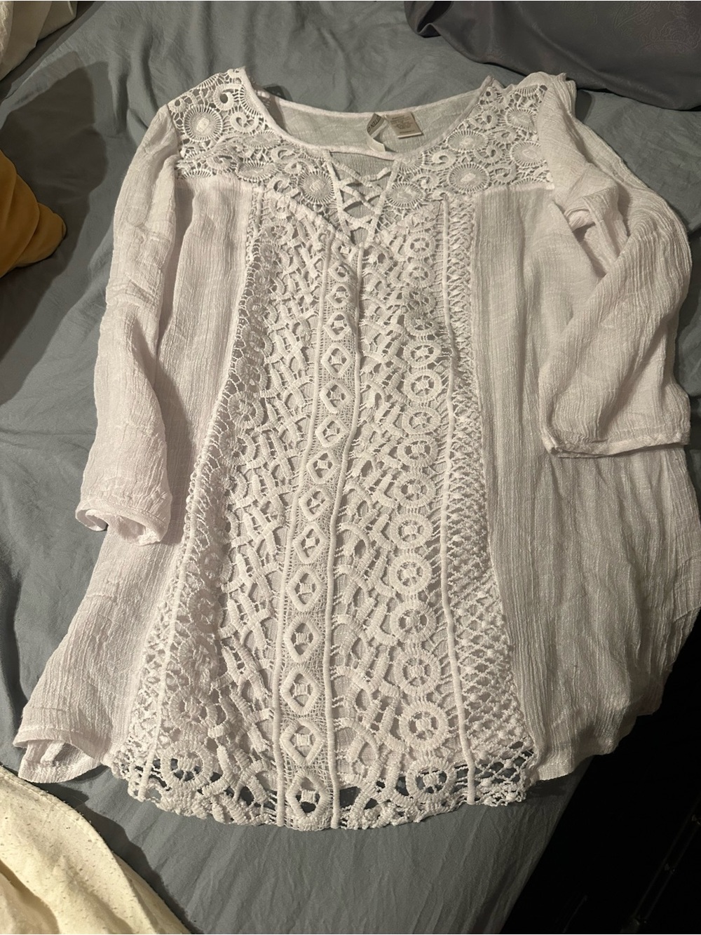 White Crochet-Front Women's Tunic with Lace-Up Detail
